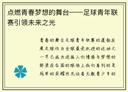 点燃青春梦想的舞台——足球青年联赛引领未来之光