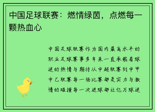 中国足球联赛：燃情绿茵，点燃每一颗热血心