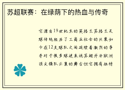 苏超联赛：在绿荫下的热血与传奇